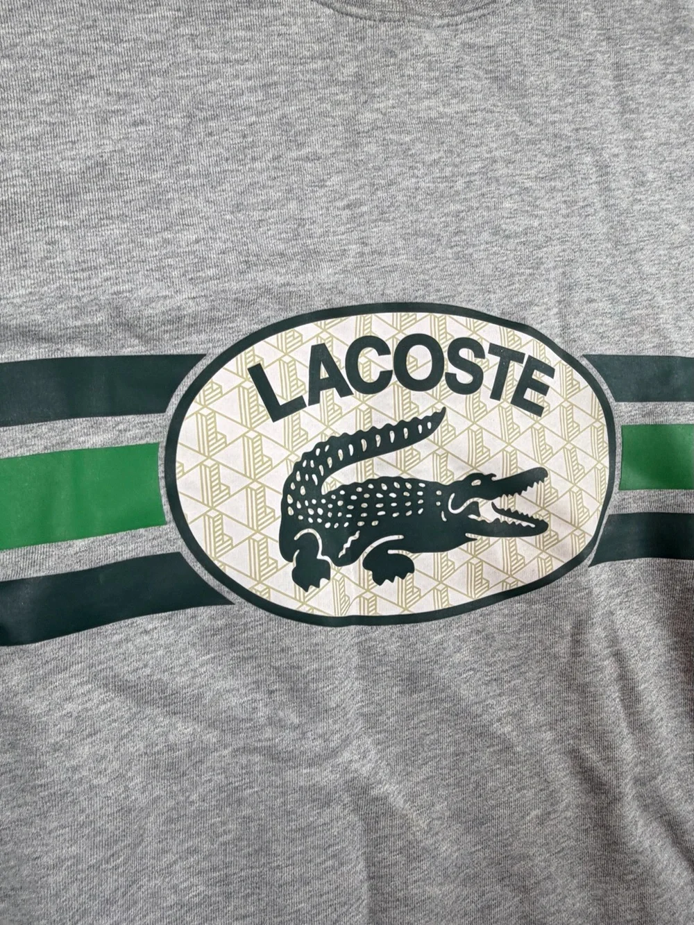 Lacoste FR4 US Medium Grey Crewneck Sweatshirt with Green Stripe Accents